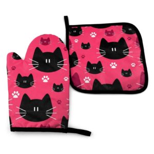 cute cat faces oven mitts and pot holders sets heat resistant oven gloves with non-slip surface for reusable for baking bbq cooking