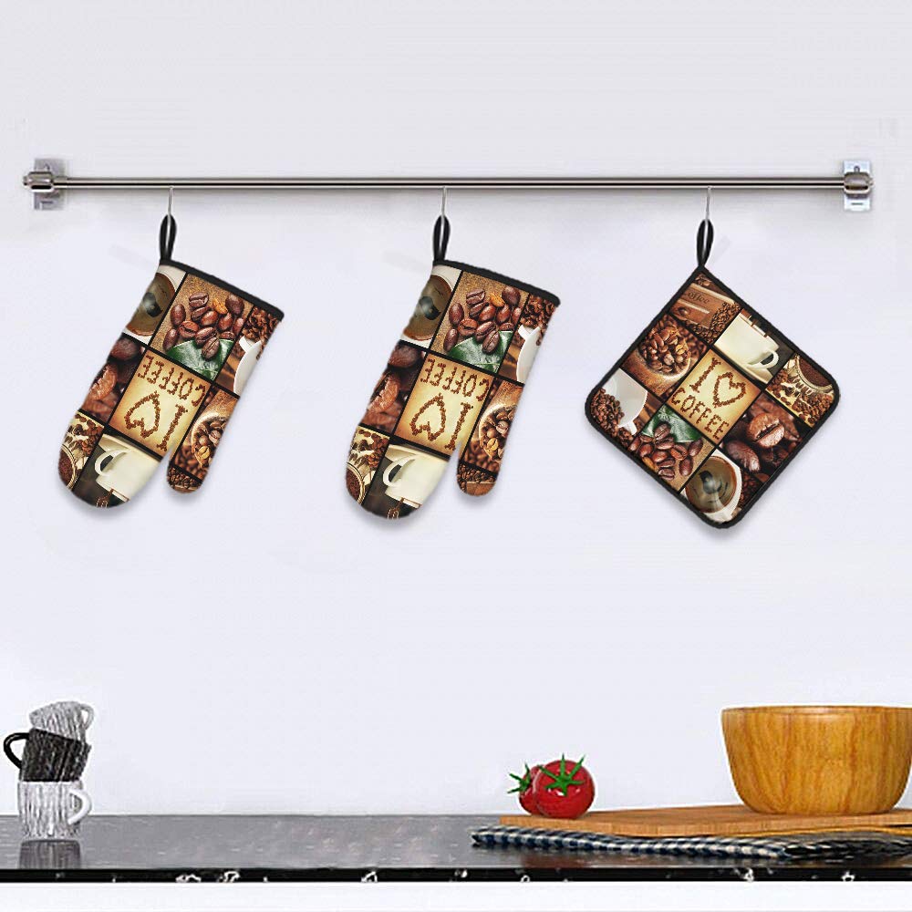 EKOBLA Grind Coffee Oven Mitts and Pot Holders Sets 3 Heat-Resistant for Chicken Gloves Polyester