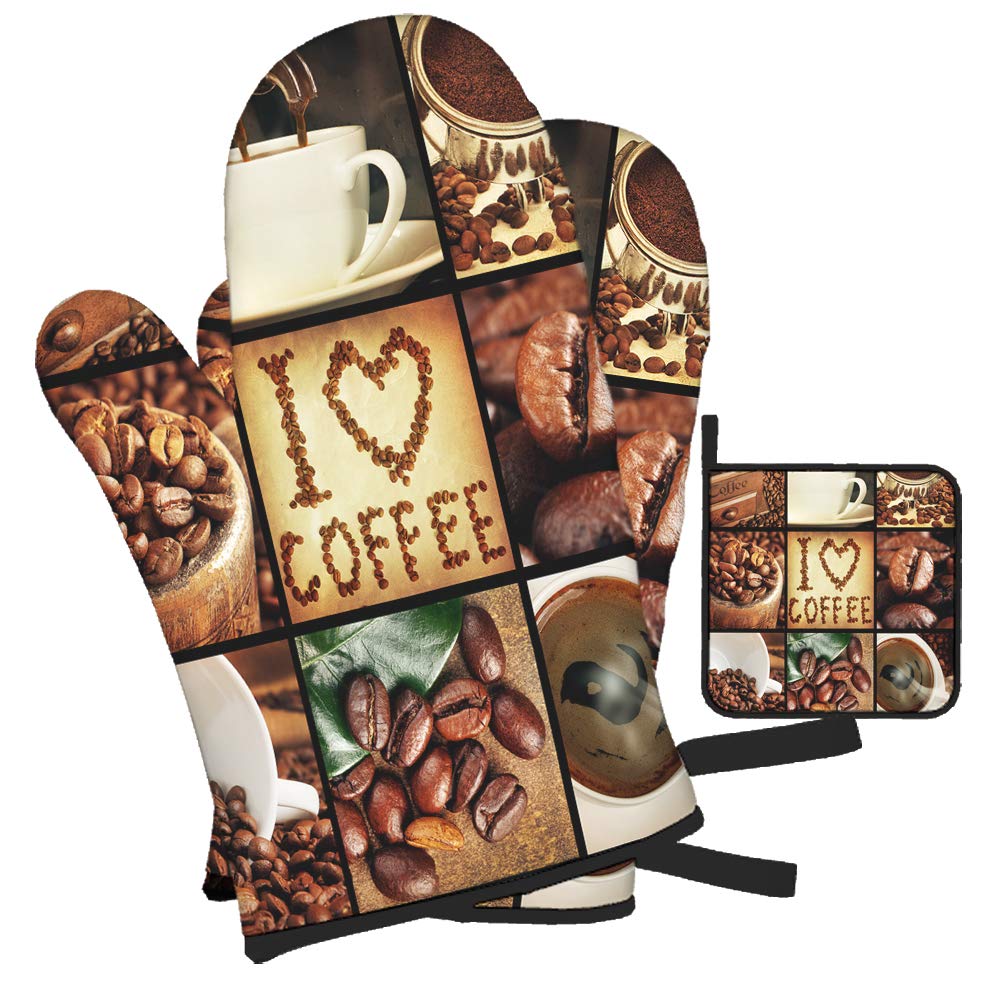 EKOBLA Grind Coffee Oven Mitts and Pot Holders Sets 3 Heat-Resistant for Chicken Gloves Polyester