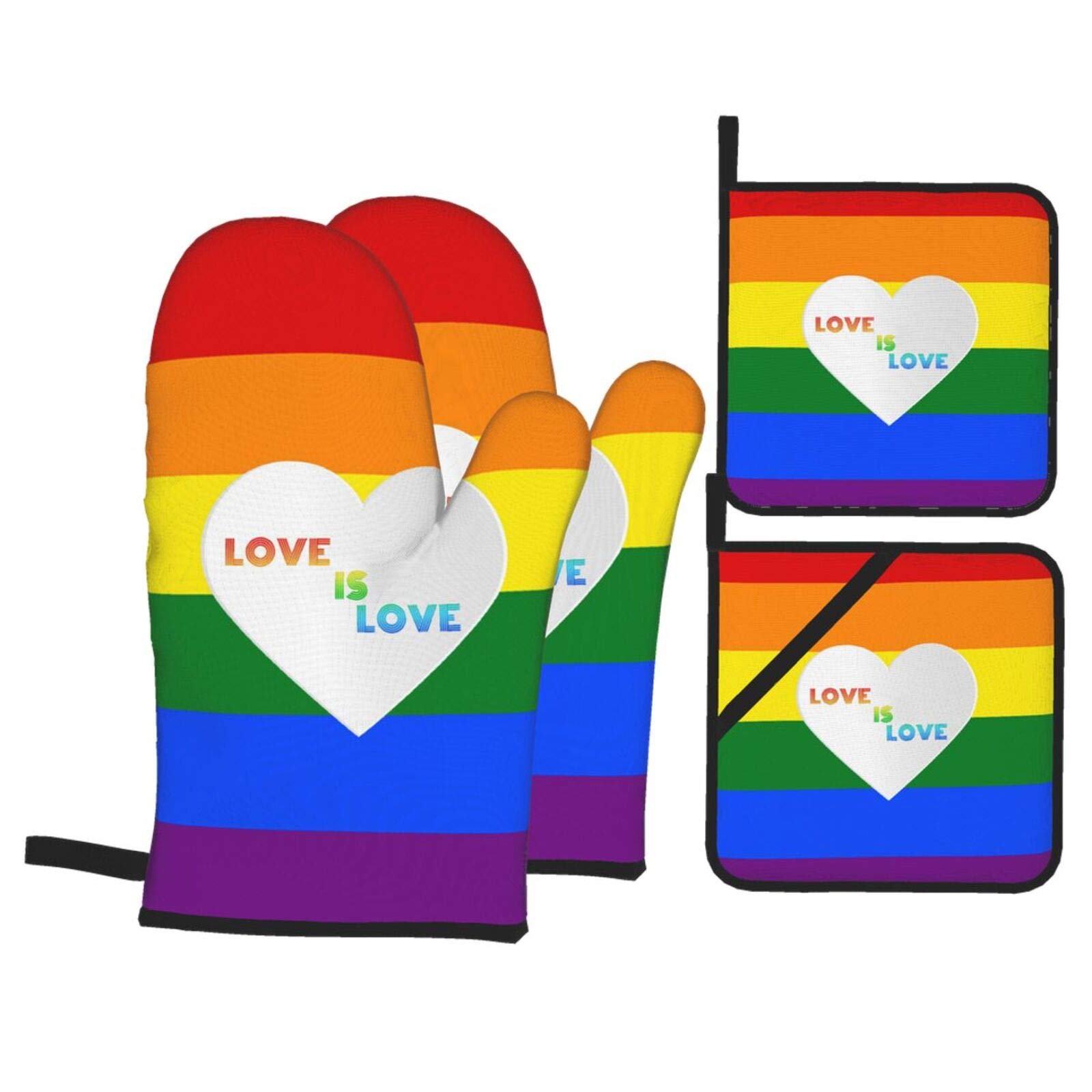 KLATIE Rainbow Oven Mitts and Pot Holders Sets of 4, Love is Love Oven Mits Potholders, Heat Resistant Oven Mit for Kitchen, Cooking, Baking, Grilling