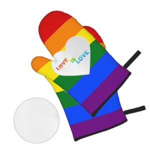 KLATIE Rainbow Oven Mitts and Pot Holders Sets of 4, Love is Love Oven Mits Potholders, Heat Resistant Oven Mit for Kitchen, Cooking, Baking, Grilling