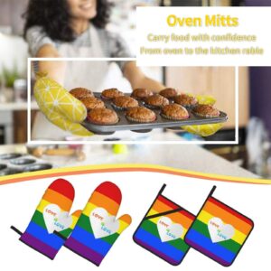 KLATIE Rainbow Oven Mitts and Pot Holders Sets of 4, Love is Love Oven Mits Potholders, Heat Resistant Oven Mit for Kitchen, Cooking, Baking, Grilling