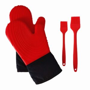 oven mittens and oil brush set,heat resistant cooking gloves ，waterproof and non-slip kitchen silicone mitts with inner cotton layer for cooking, bbq，baking, set of 4(red)