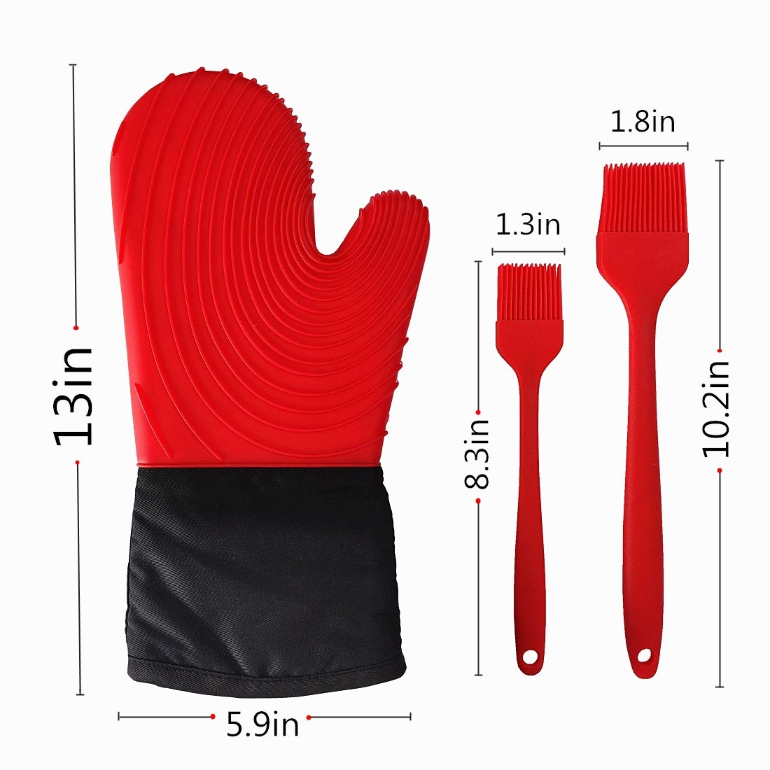 Oven Mittens and Oil Brush Set,Heat Resistant Cooking Gloves ，Waterproof and Non-Slip Kitchen Silicone Mitts with Inner Cotton Layer for Cooking, BBQ，Baking, Set of 4(Red)