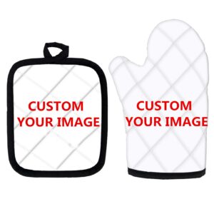 toaddmos 2pcs customized your image pattern oven mitt and pot holder,heat resistant oven mitts soft cotton lining and non-slip surface safe for baking,cooking,bbq