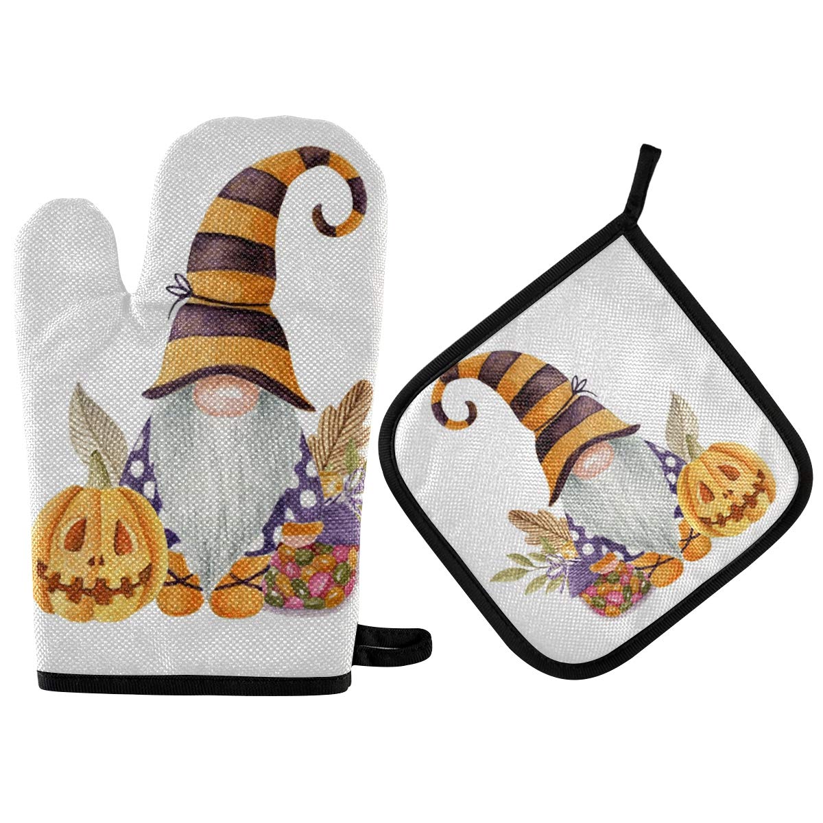 Thanksgiving Gnome Cute Oven Mitts & Pot Holders 2pcs Autumn Pumpkin Harvest Kitchen Heat Resistant Non-Slip Potholders Set for Cooking Baking BBQ