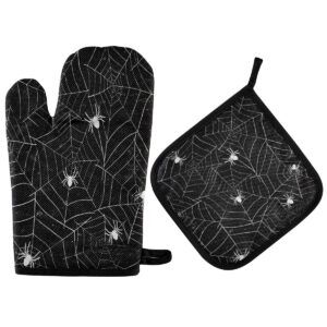 alaza halloween black and white grunge background with spiderwebs oven mitts and pot holders sets heat resistant kitchen oven gloves potholder for cooking baking grill