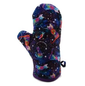 cats in space oven mitt - blue, purple, and white cotton pot holder