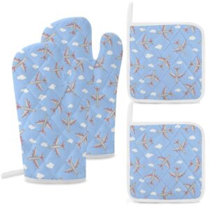 airplane in the sky print oven mitts and pot holders 4 piece set gloves and potholders for kitchen cooking