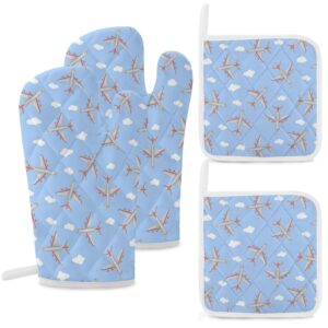 Airplane in The Sky Print Oven Mitts and Pot Holders 4 Piece Set Gloves and Potholders for Kitchen Cooking