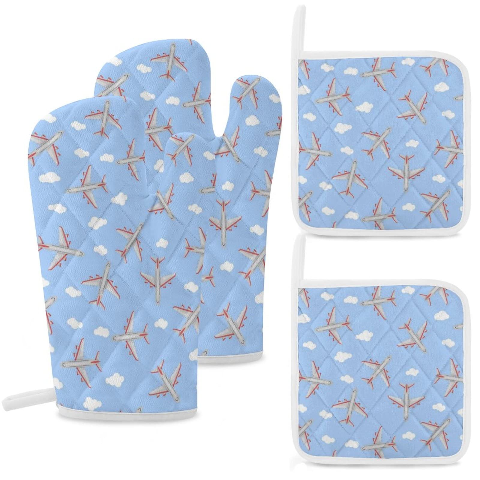 Airplane in The Sky Print Oven Mitts and Pot Holders 4 Piece Set Gloves and Potholders for Kitchen Cooking