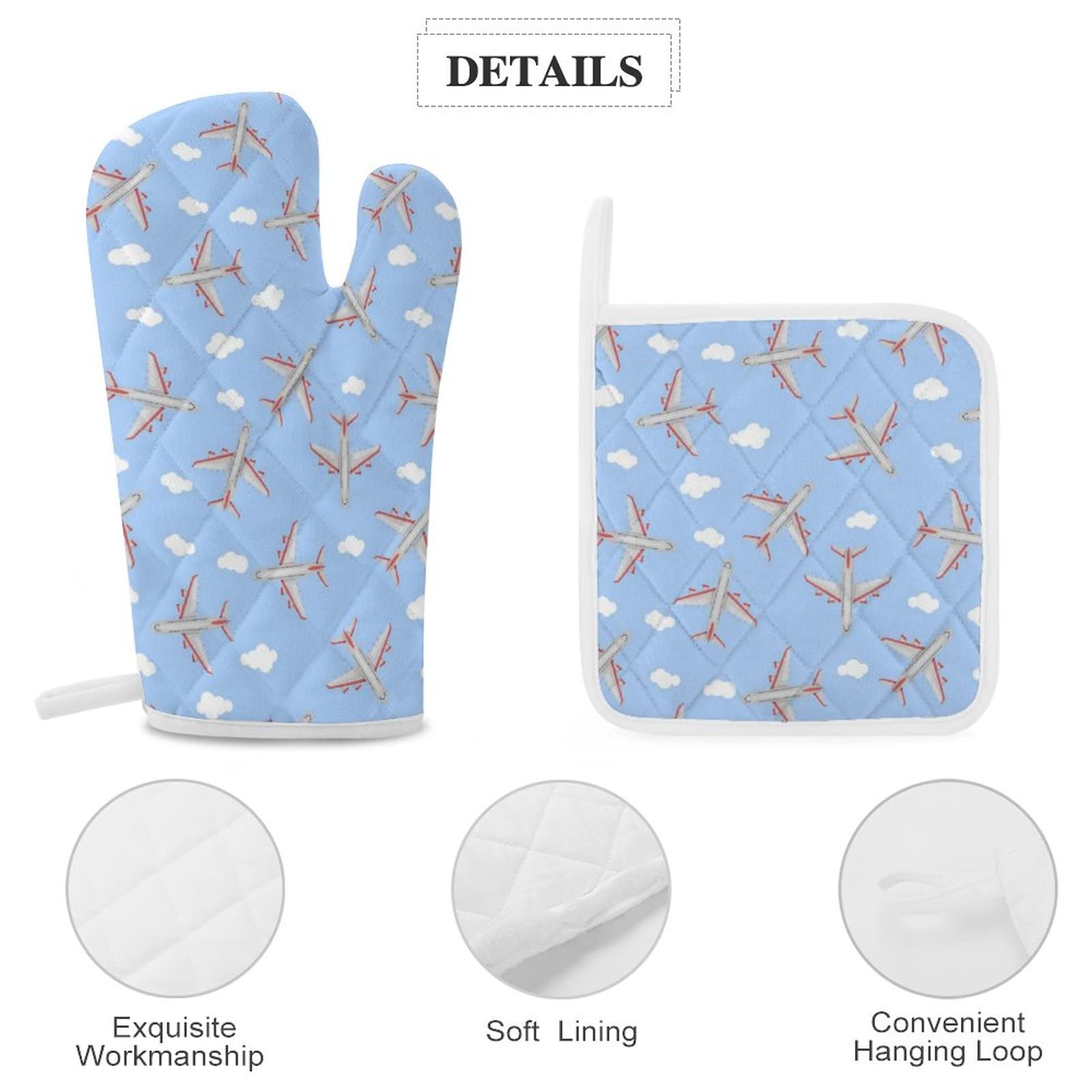 Airplane in The Sky Print Oven Mitts and Pot Holders 4 Piece Set Gloves and Potholders for Kitchen Cooking