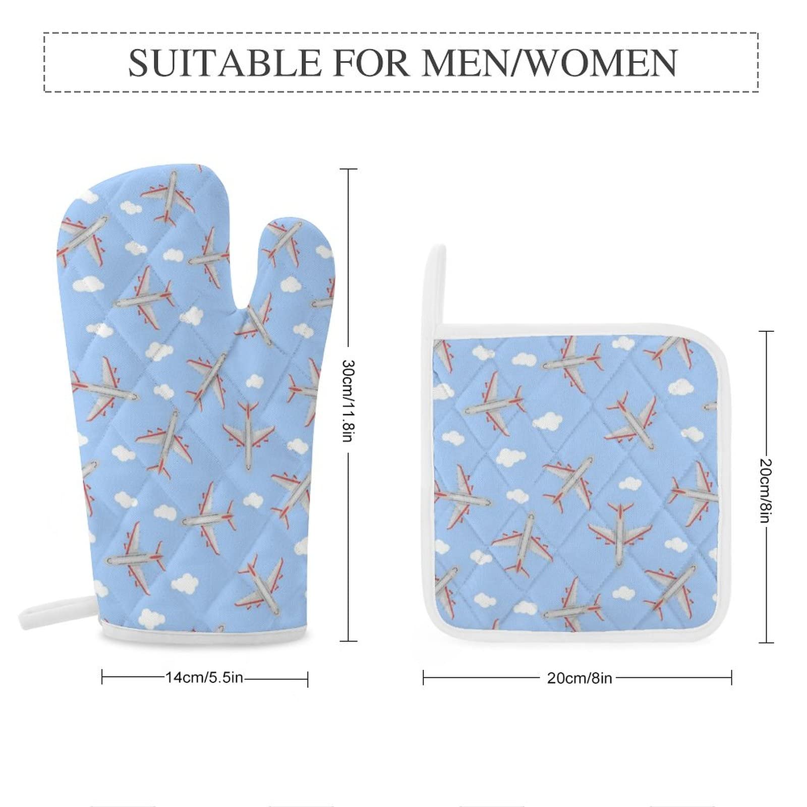 Airplane in The Sky Print Oven Mitts and Pot Holders 4 Piece Set Gloves and Potholders for Kitchen Cooking