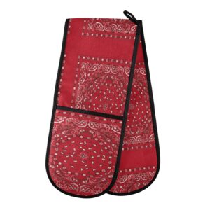 red bandana print traditional asian elements paisley floral flowers double oven mitt gloves extra long potholder high heat resistant for baking cooking baking grilling handling hots pans 35"x7"