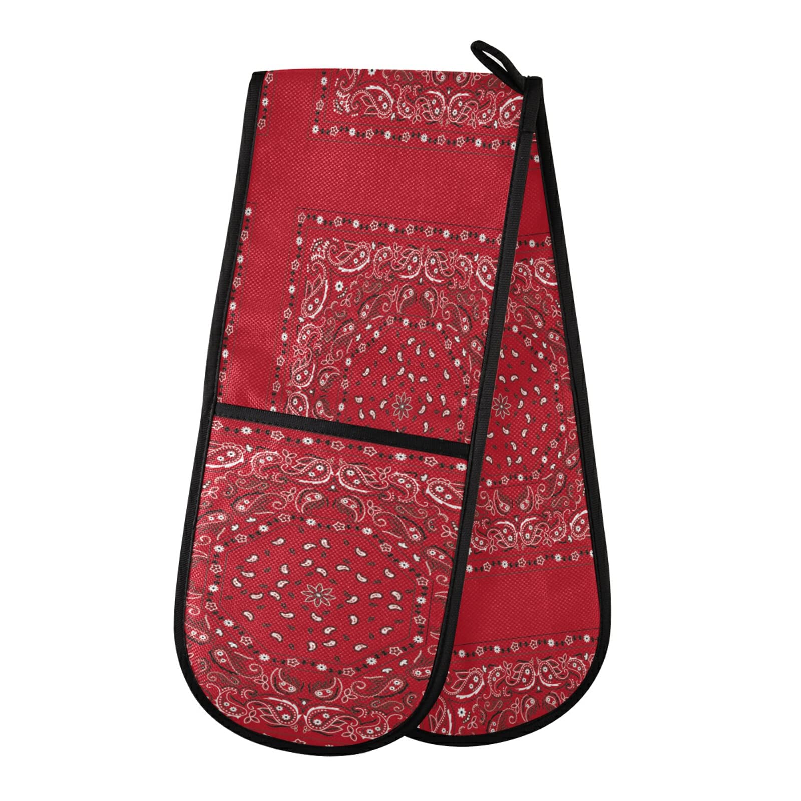 Red Bandana Print Traditional Asian Elements Paisley Floral Flowers Double Oven Mitt Gloves Extra Long Potholder High Heat Resistant for Baking Cooking Baking Grilling Handling Hots Pans 35"x7"