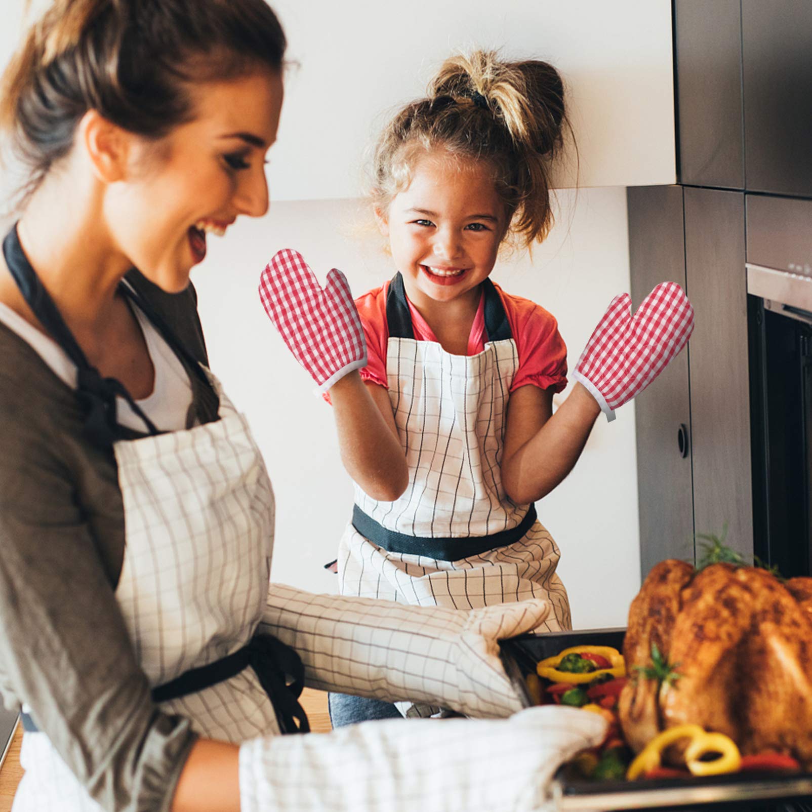 Angoily BBQ Gloves 2pcs Oven Gloves Plaid Oven Mitts Heat Resistant Cooking Gloves Hot Pads Hand Protector for Kids Cooking Baking Grilling Grill Gloves