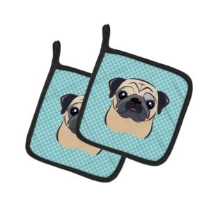 caroline's treasures bb1200pthd checkerboard blue fawn pug pair of pot holders kitchen heat resistant pot holders sets oven hot pads for cooking baking bbq, 7 1/2 x 7 1/2