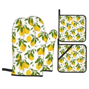 lemon flower white oven mitts and pot holders heat resistant 4 pcs sets waterproof non-slip for bbq cooking baking grilling