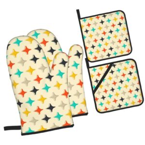 modern atomic stars retro colors oven mitts and pot holders 4pcs sets，funny kitchen high heat resistant oven mitts，with oven gloves and hot pads pot holders for baking cooking bbq grilling