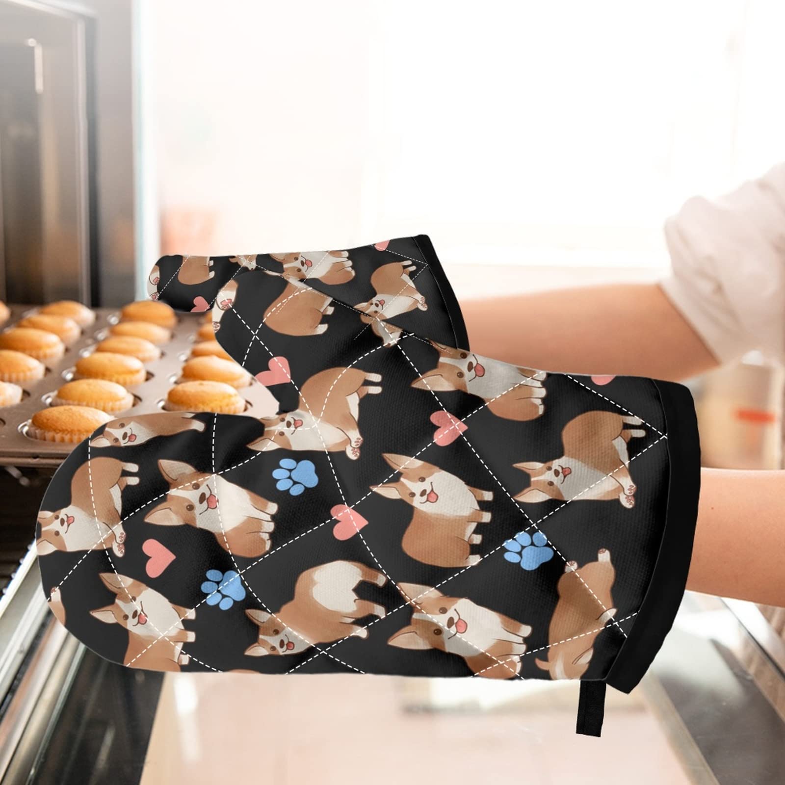 Horeset Cute Corgi Oven Mitts and Pot Holders Sets of 2 for Kitchen Baking Grilling BBQ,Heat Resistant Polyester Hot Pads Non-Slip BBQ Gloves for Women Chef