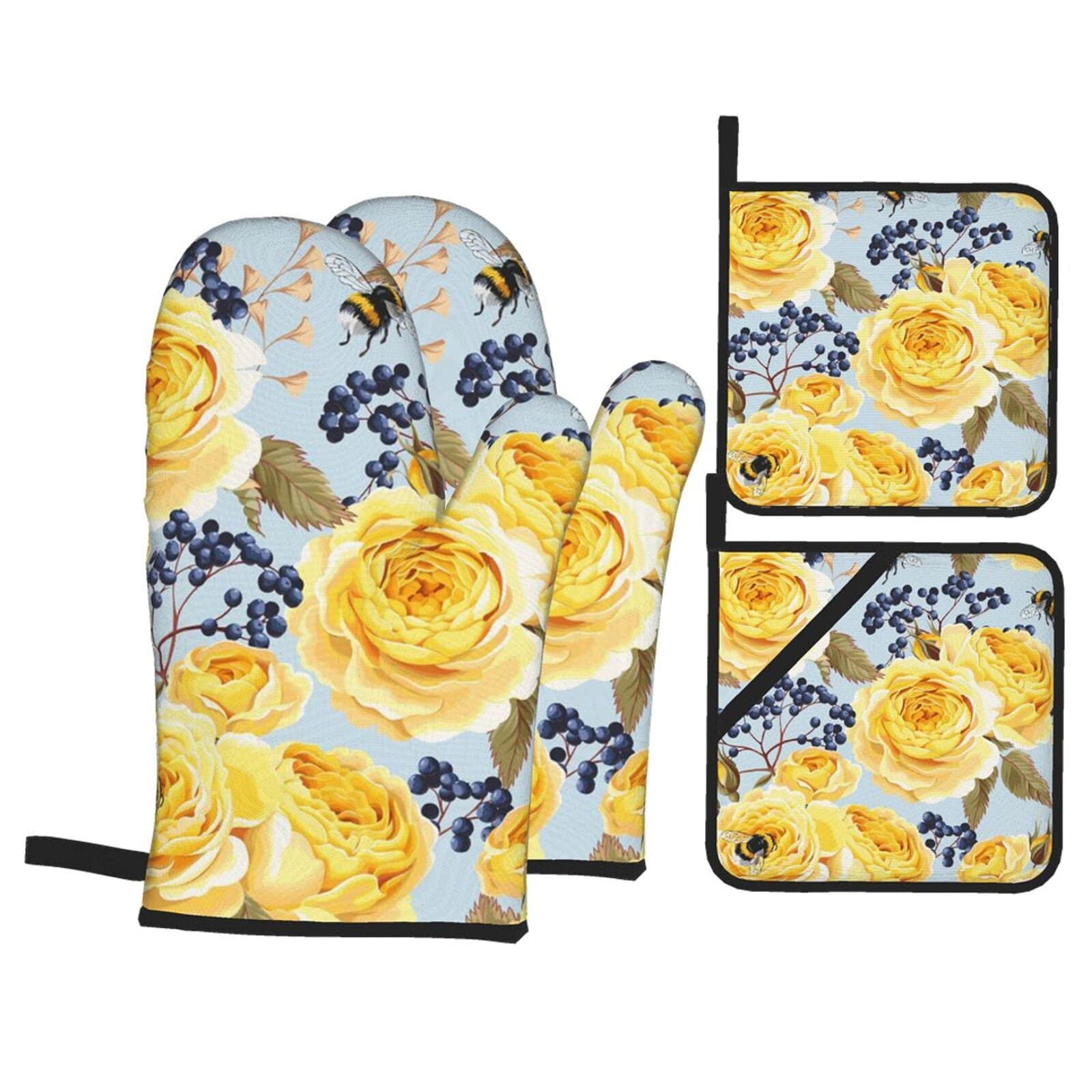 KLATIE Yellow Rose Oven Mitts and Pot Holders Set, Waterproof Heat Resistant Oven Gloves Hot Pads, Oven Mits Potholders for Kitchen Cooking BBQ Baking Grillin, 4-Piece Set