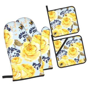 KLATIE Yellow Rose Oven Mitts and Pot Holders Set, Waterproof Heat Resistant Oven Gloves Hot Pads, Oven Mits Potholders for Kitchen Cooking BBQ Baking Grillin, 4-Piece Set