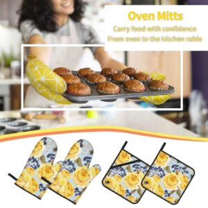 KLATIE Yellow Rose Oven Mitts and Pot Holders Set, Waterproof Heat Resistant Oven Gloves Hot Pads, Oven Mits Potholders for Kitchen Cooking BBQ Baking Grillin, 4-Piece Set