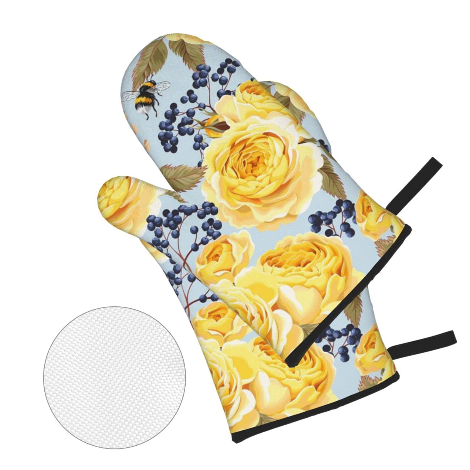 KLATIE Yellow Rose Oven Mitts and Pot Holders Set, Waterproof Heat Resistant Oven Gloves Hot Pads, Oven Mits Potholders for Kitchen Cooking BBQ Baking Grillin, 4-Piece Set