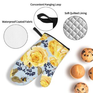 KLATIE Yellow Rose Oven Mitts and Pot Holders Set, Waterproof Heat Resistant Oven Gloves Hot Pads, Oven Mits Potholders for Kitchen Cooking BBQ Baking Grillin, 4-Piece Set