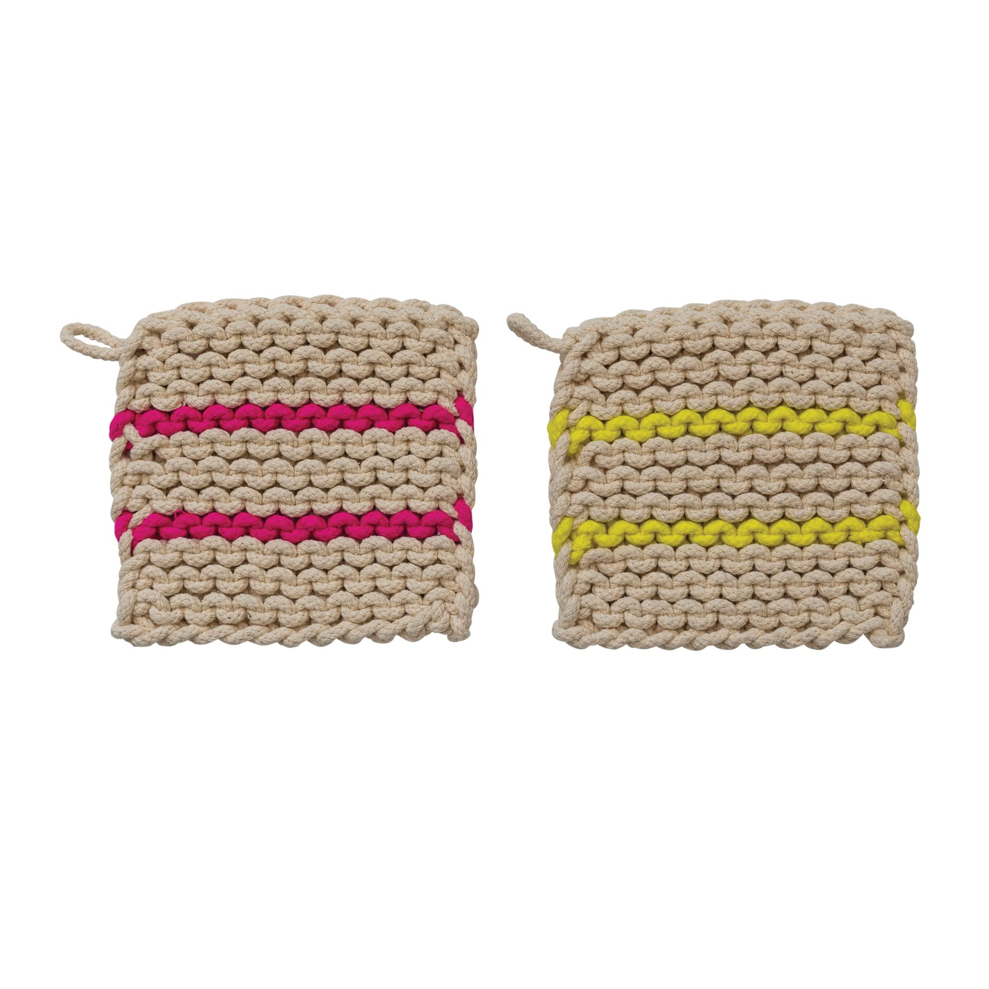 Creative Co-Op Square Cotton Crocheted Neon Stripes, Set of 2 Styles, Multicolor Pot Holder, Multi