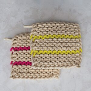 Creative Co-Op Square Cotton Crocheted Neon Stripes, Set of 2 Styles, Multicolor Pot Holder, Multi