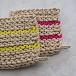 Creative Co-Op Square Cotton Crocheted Neon Stripes, Set of 2 Styles, Multicolor Pot Holder, Multi