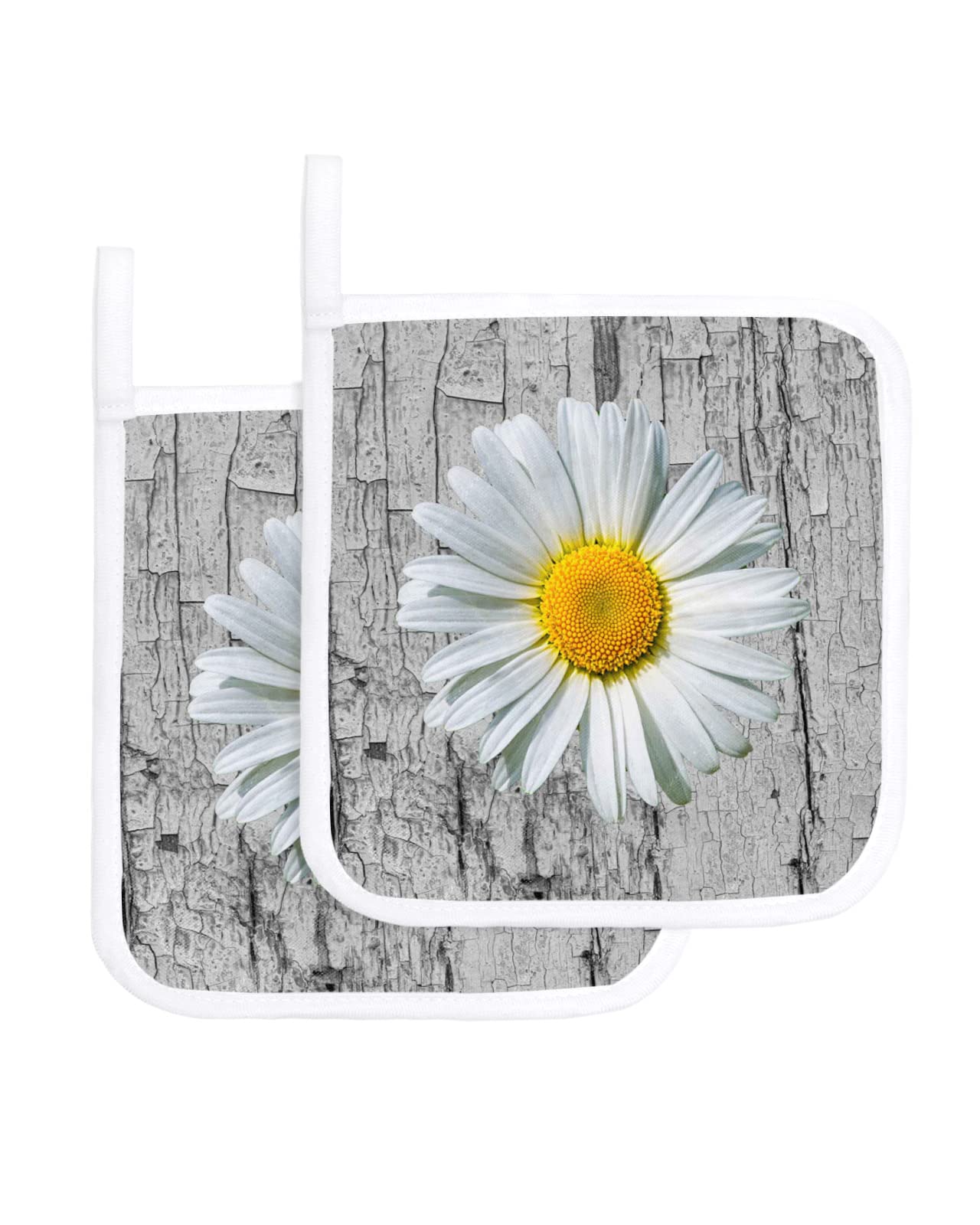 Pot Holder Set of 2 Country White Daisy Flower Potholder Heat Proof Non-Slip Pot Holders,Vintage Wood Grain Hot Pads Potholders for Kitchen Cooking Baking BBQ