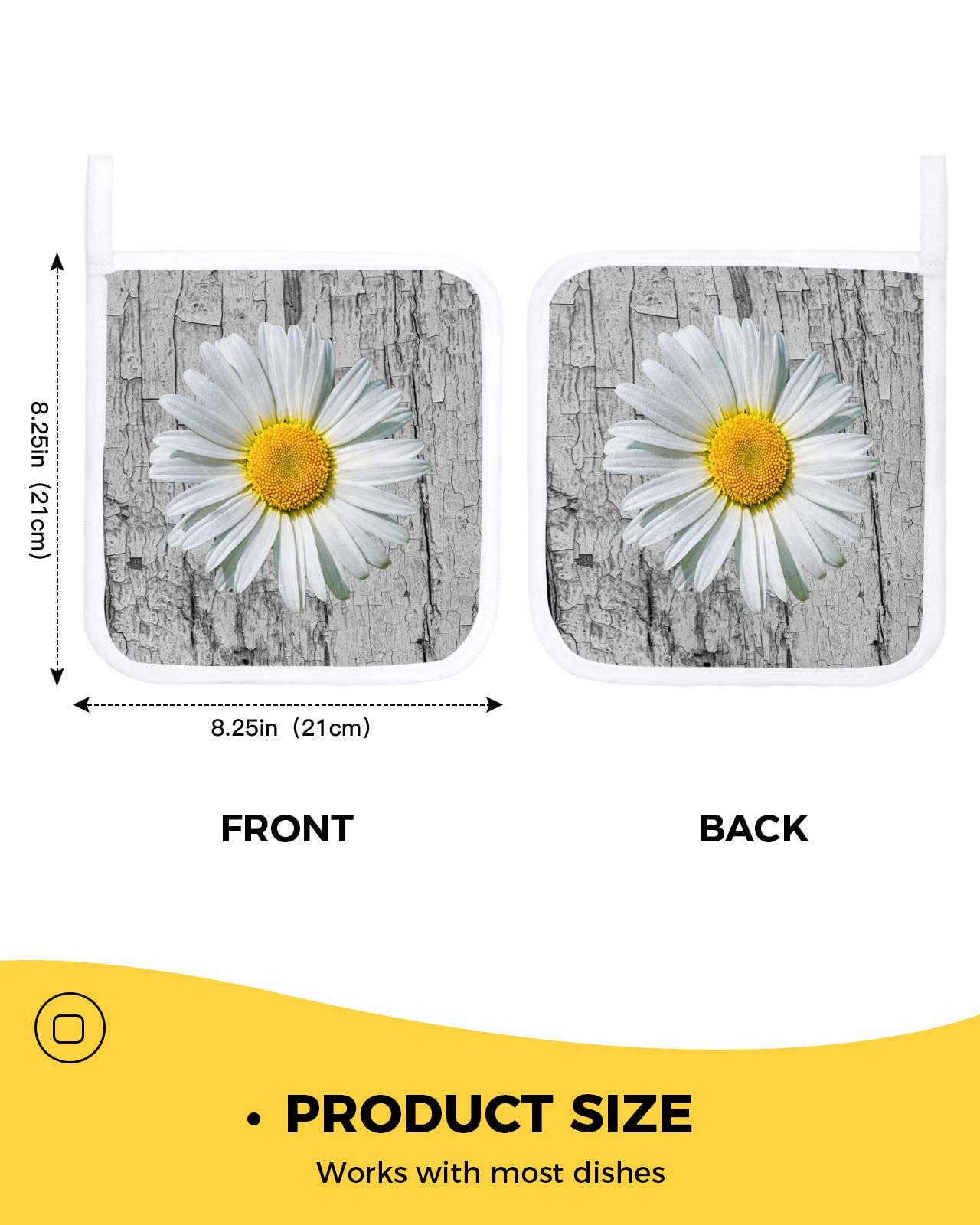 Pot Holder Set of 2 Country White Daisy Flower Potholder Heat Proof Non-Slip Pot Holders,Vintage Wood Grain Hot Pads Potholders for Kitchen Cooking Baking BBQ