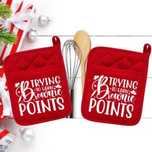set of 2 red - trying to earn brownie points - pot holder - oven mitt - hot pad - polyester & neoprene white elephant - 9" x 7" - neo012reddbl
