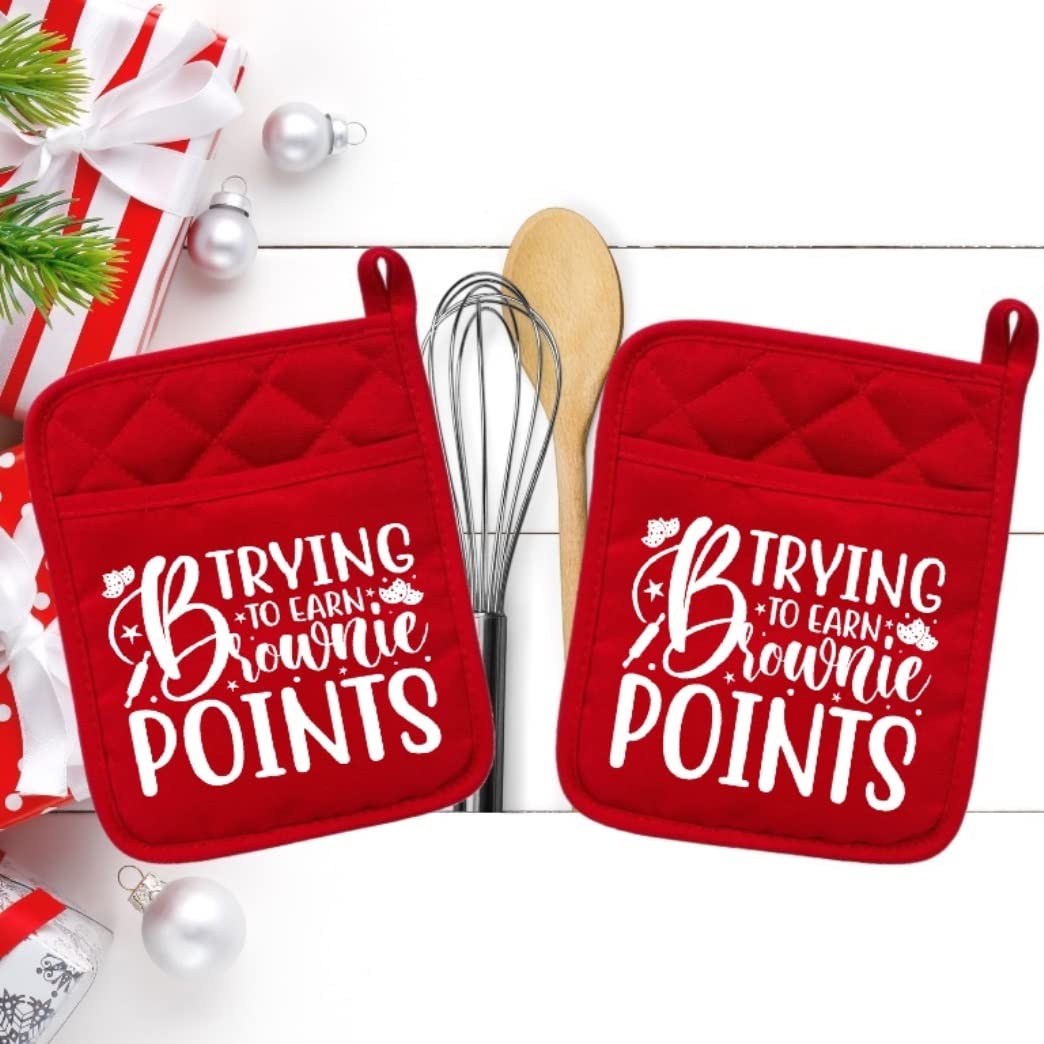 Set of 2 Red - Trying to Earn Brownie Points - Pot Holder - Oven Mitt - Hot Pad - Polyester & Neoprene White Elephant - 9" x 7" - NEO012REDDBL