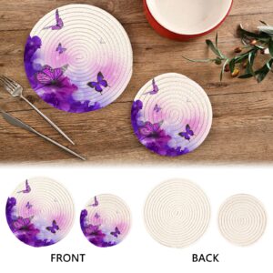 ALAZA Purple Butterflies Flowers Hydrangeas Iris PotHolders Trivets Set Cotton Hot Pot Holders Set Farmhouse Coasters,Hot Pads,Hot Mats for Kitchen Counter Decorative