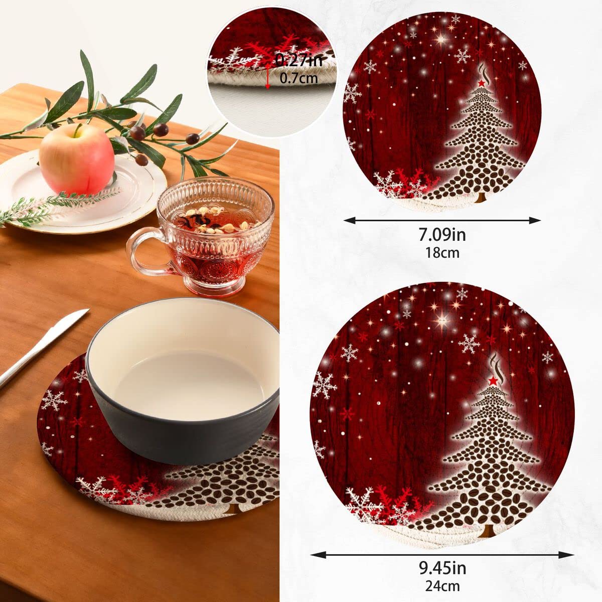 Kigai Christmas Tree Pot Holder Set of 2, Heat Resistant Round Cotton Hot Pads Table Mats Trivets for Hot Dishes/Pot/Bowl/Teapot/Hot Pot Holders, 7 Inch + 9 Inch