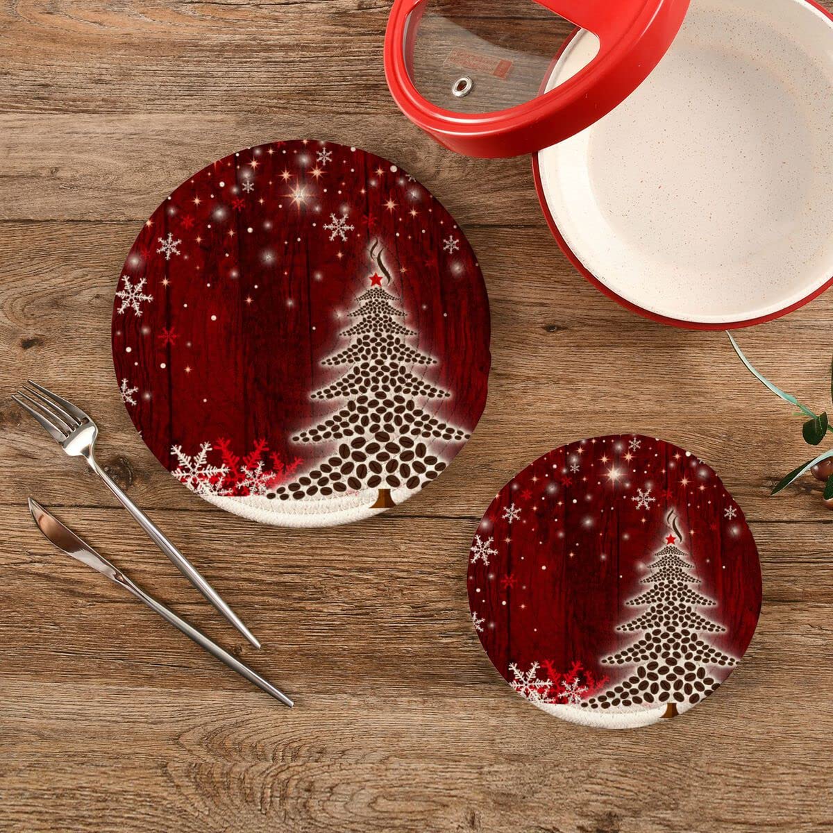 Kigai Christmas Tree Pot Holder Set of 2, Heat Resistant Round Cotton Hot Pads Table Mats Trivets for Hot Dishes/Pot/Bowl/Teapot/Hot Pot Holders, 7 Inch + 9 Inch