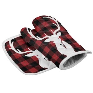 set of oven mitt and pot holder buffalo check plaid red kitchen mittens heat resistance non-slip surface for kitchen bbq cooking baking grilling,deer
