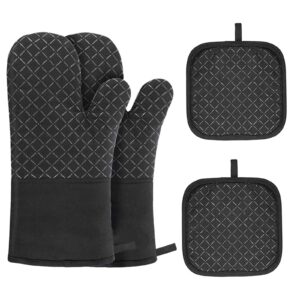 4pcs oven mitts and pot holders, betterjonny extra long oven gloves high heat resistant ovenmitts potholders with non-slip silicone surface