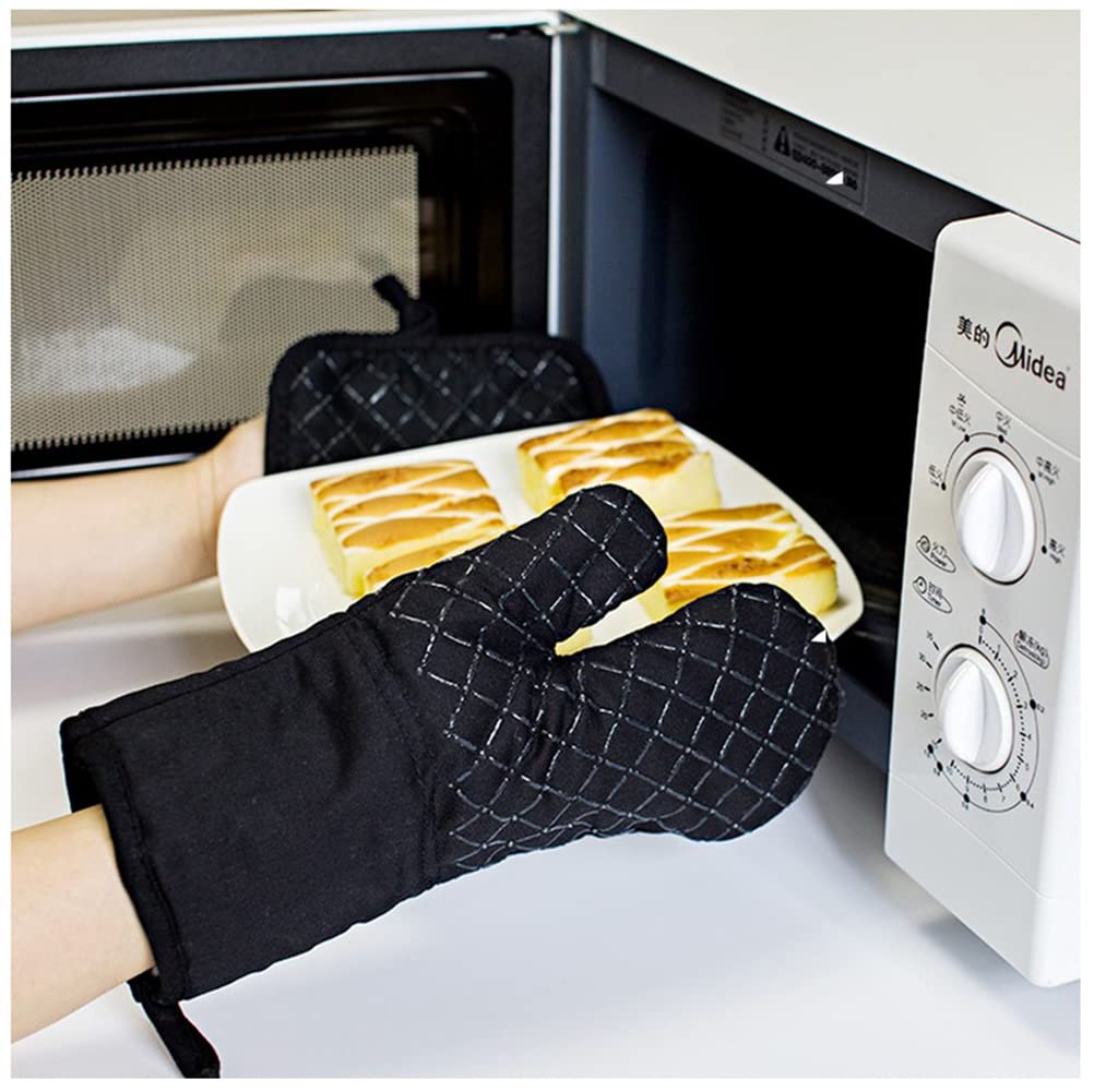 4pcs Oven Mitts and Pot Holders, BetterJonny Extra Long Oven Gloves High Heat Resistant Ovenmitts Potholders with Non-Slip Silicone Surface