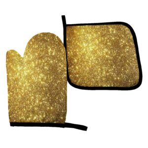 gold oven mitts and pot holders sets heat resistant 2 pcs kitchen sets for kitchen,cooking,baking,grilling,cooks gifts