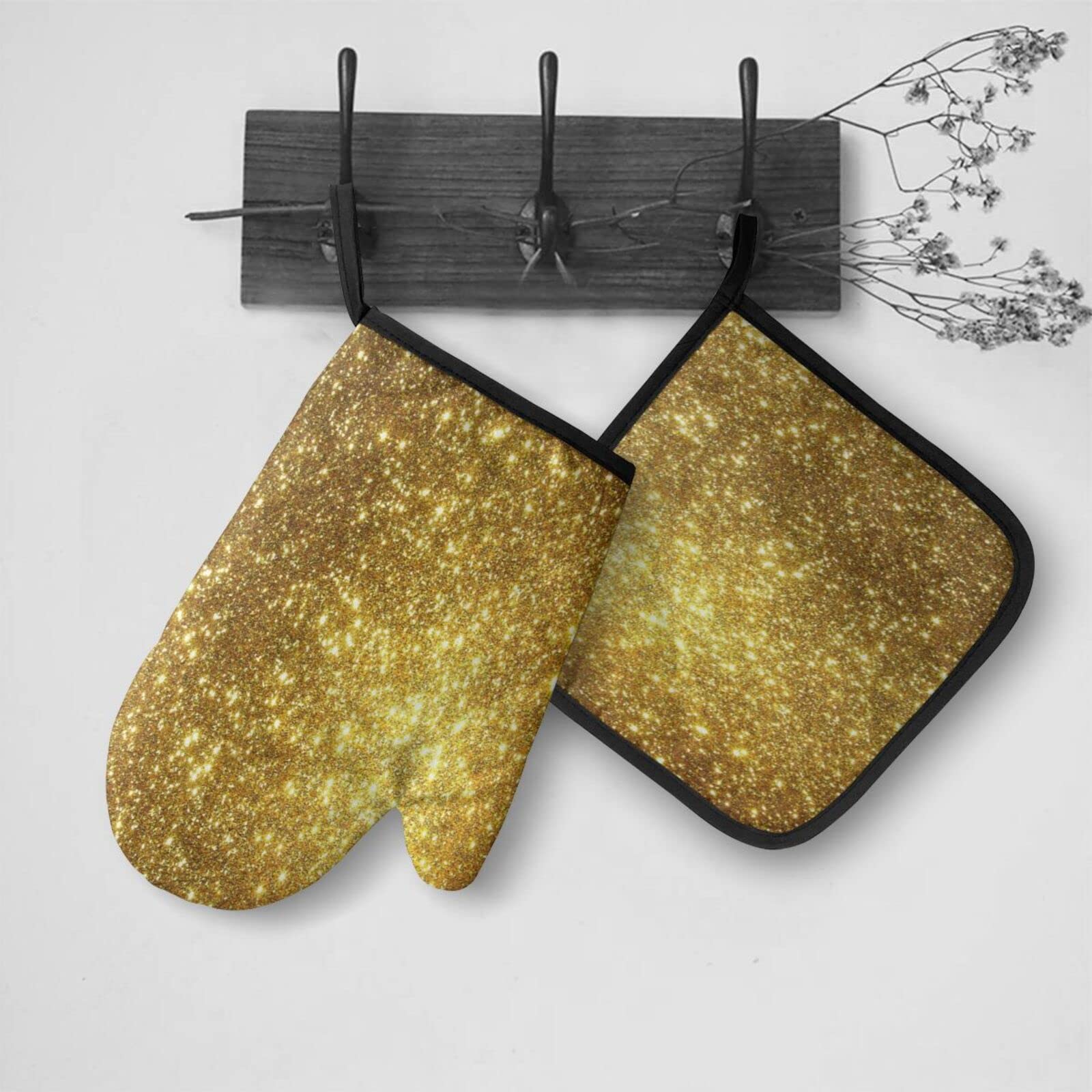 Gold Oven Mitts and Pot Holders Sets Heat Resistant 2 Pcs Kitchen Sets for Kitchen,Cooking,Baking,Grilling,Cooks Gifts