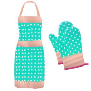 set of two oven mitts | heat resistant cotton kitchen pot holder [decorative kitchen oven mitt] oven glove | kitchen mitts (oven mitt with apron (dotted blue))