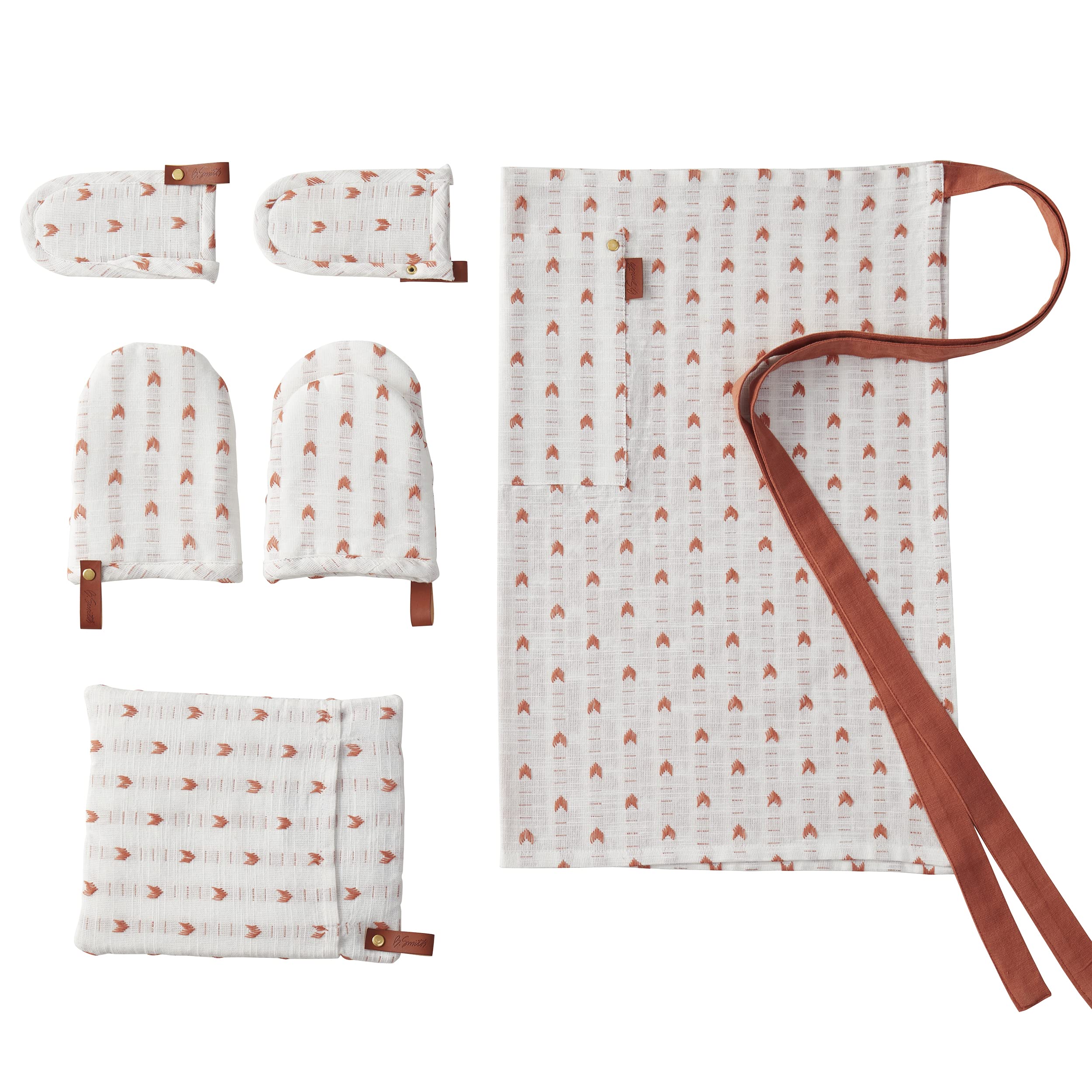 B. Smith 6 Piece Kitchen Set with 1 Half-Apron, 2 Mini Oven Mitts, 1 Pot Mitt, 2 Pot Handle Holders, Terracotta Ivory Ikat Print