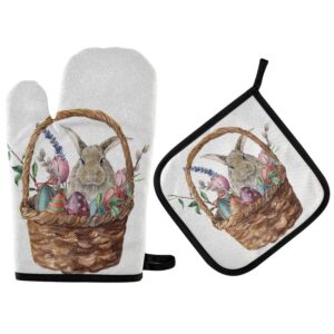 watercolor easter bunny oven mitts pot holder sets rabbits spring non-slip kitchen heat resistant hot pads for women cooking gloves baking bakewear bbq gifts