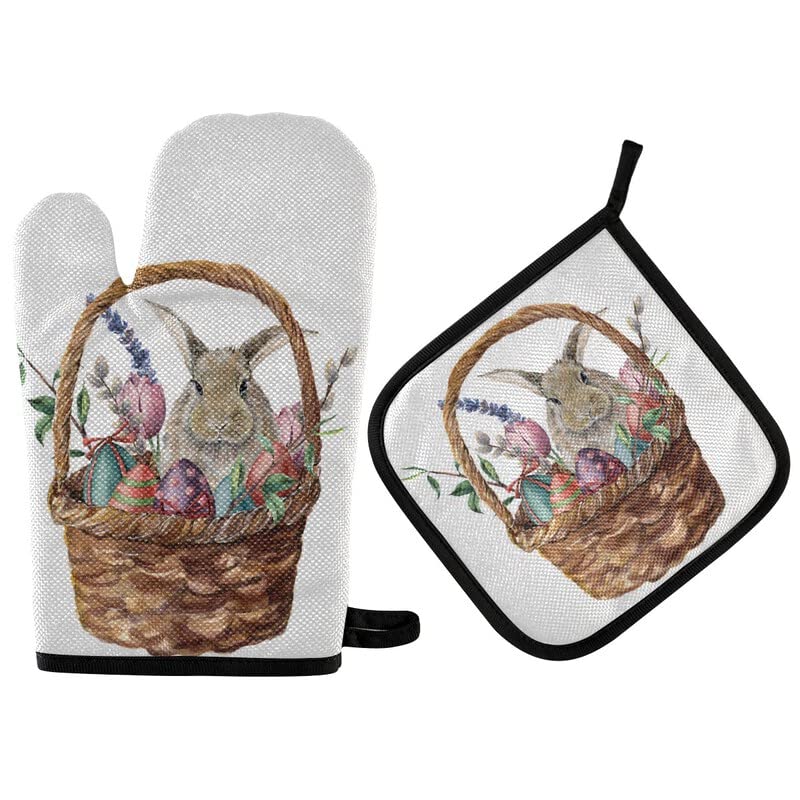 Watercolor Easter Bunny Oven Mitts Pot Holder Sets Rabbits Spring Non-Slip Kitchen Heat Resistant Hot Pads for Women Cooking Gloves Baking BakeWear BBQ Gifts