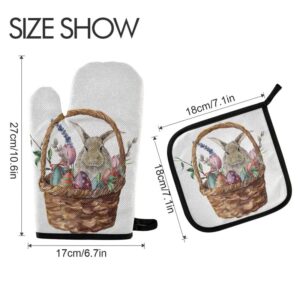 Watercolor Easter Bunny Oven Mitts Pot Holder Sets Rabbits Spring Non-Slip Kitchen Heat Resistant Hot Pads for Women Cooking Gloves Baking BakeWear BBQ Gifts