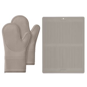 gorilla grip silicone oven mitts set and silicone dish drying mat, both in almond color, oven mitts are heat resistant, drying mat is size 16x12, 2 item bundle